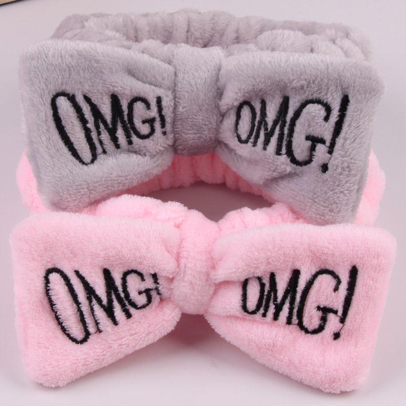 Versatile Candy Color Omg Letters Bow Headband Coral Fleece For Daily Facial Routines