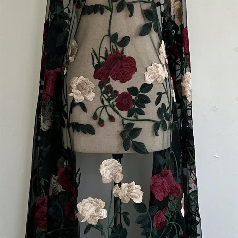 1x1.2m Rose Flowers Embroidery Tulle Mesh Fabric 3D Flower Embroidered Lace Fabric DIY Wedding Dress (it\'s Fabric NOT Dress!!)