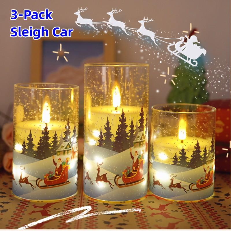 3-Pack LED Candles w Remote Control Flameless Snowman Sleigh Car Elk Christmas Tree Sticker LED Candle For Christmas Decoration