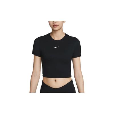 Top Curto de Cor Sólida Gola Redonda Manga Curta Camiseta Tops Femininos Preto FB2874-010