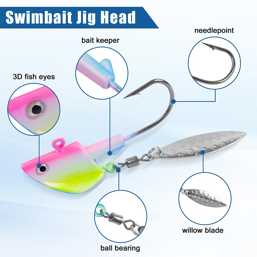 16 Stück Unterfangköpfe mit Haken Swimbait Jig-Köpfe mit Weidenblatt Spinnerköpfe zum Angeln für Barsch Forelle Zander