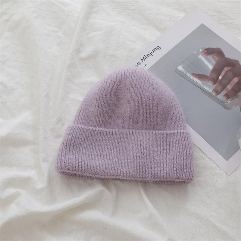 Korean Style Rabbit Fur Knitted Label Hat for Autumn and Winter Thickened To Show Face  Small Ear Protection Couple's All Match Pullover Hat