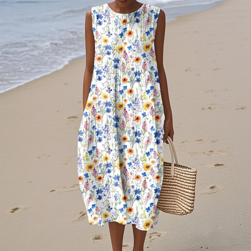 Women's Fashion Casual Sleeveless Round Neck Floral Elegant Temperament Dress