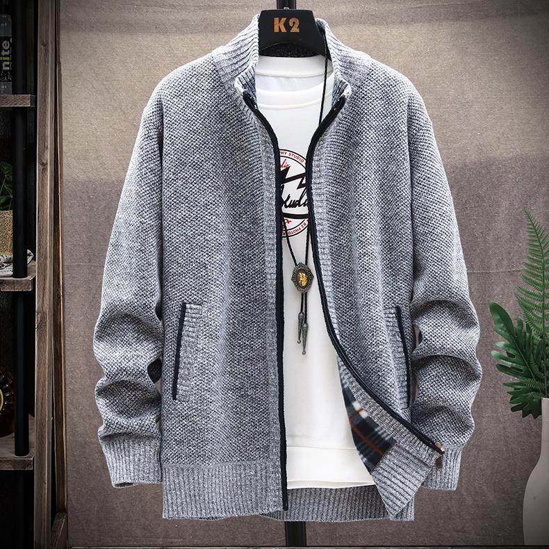 Knitted Cardigan Solid Color Sweater Men Zipper Autumn Long-sleeved Jacket Warm Fleece Cardigans Jacket
