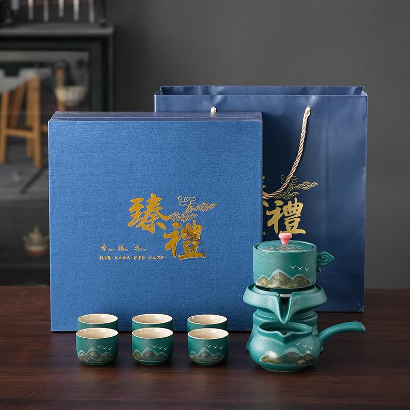 New Chinese coarse pottery Guochao Qingshan semi-automatic tea set Lazy stone mill portable tea making set Household tea set