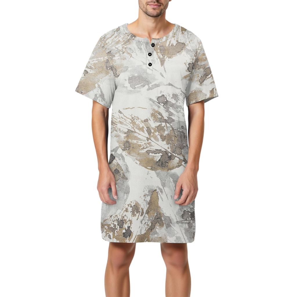 Pyjama d'été pour homme en coton imprimé à manches courtes, col boutonné, long et ample, vêtements d'intérieur