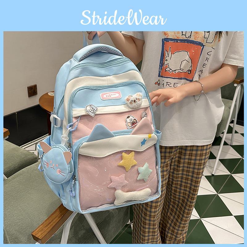 Color Fashion Blocked Cat Ear Design Student Backpack With Pendant And Badge
