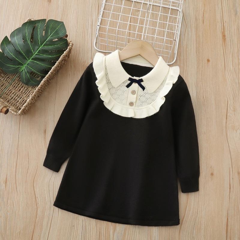 

2025 Детская одежда Осень и Зима Платье из вязаной шерсти в стиле колледжа для девочек Черные платья-свитера 120 чёрный