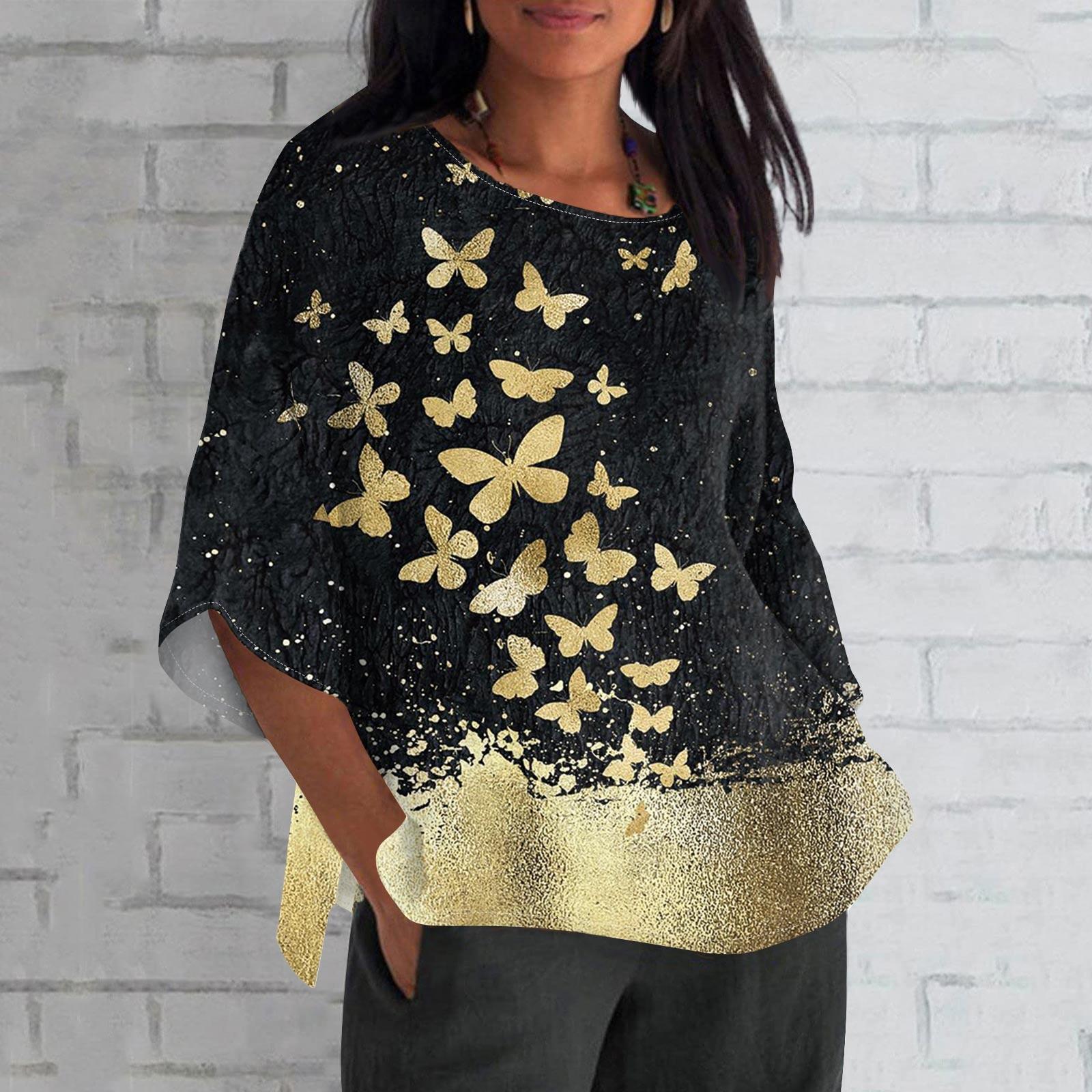 

Рубашка для женщин, модная повседневная свободная футболка с круглым вырезом и рукавами 3/4, женский топ L жёлтый