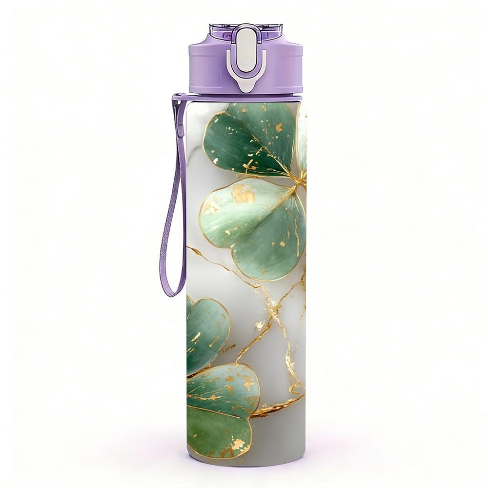 1PC Clover Leaf Gold Marble Pattern 750ml Color Plastic Sports Water Bottle Leakproof Flip Straw Lid Suitable for Sports Office Home Use