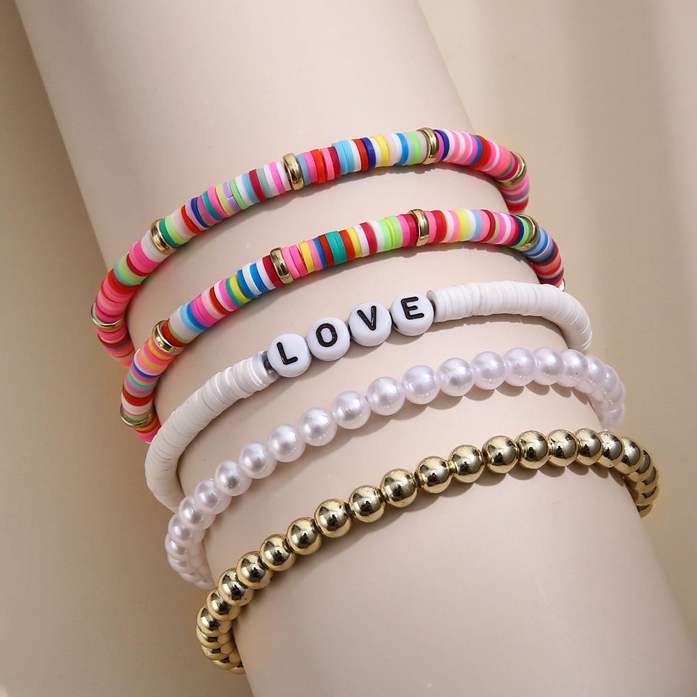 Ethnic Style Bohemian Bracelet, Colorful Soft Pottery Retro Temperament Pearl Soft Pottery Bracelet Bracelet Love5-Piece Set