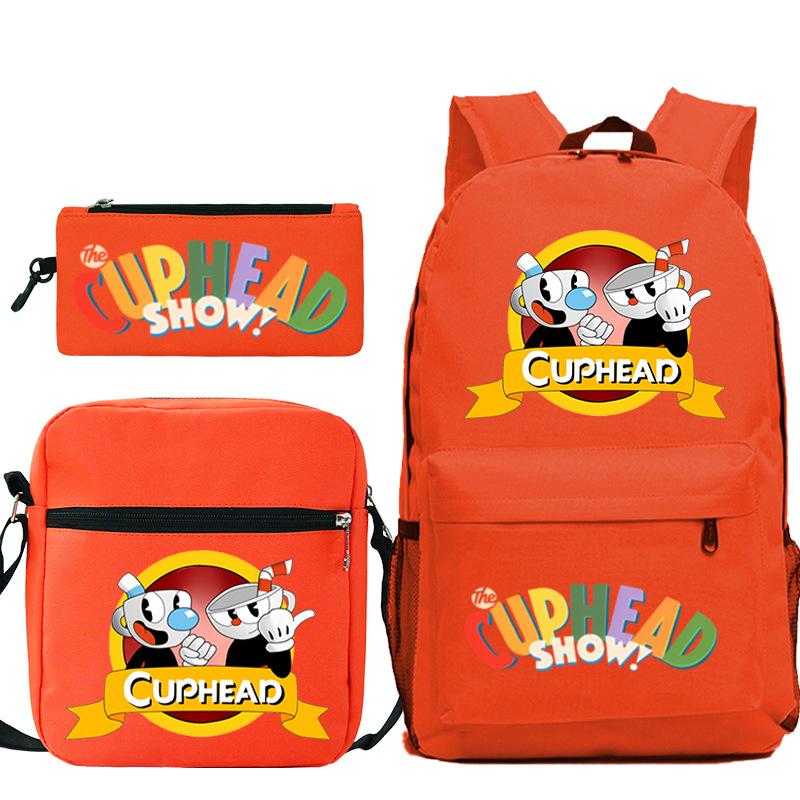 Cartoon Teacup Head Cuphead Student School Bag Backpack Three-piece Set Children's Shoulder Bag Pencil Bag