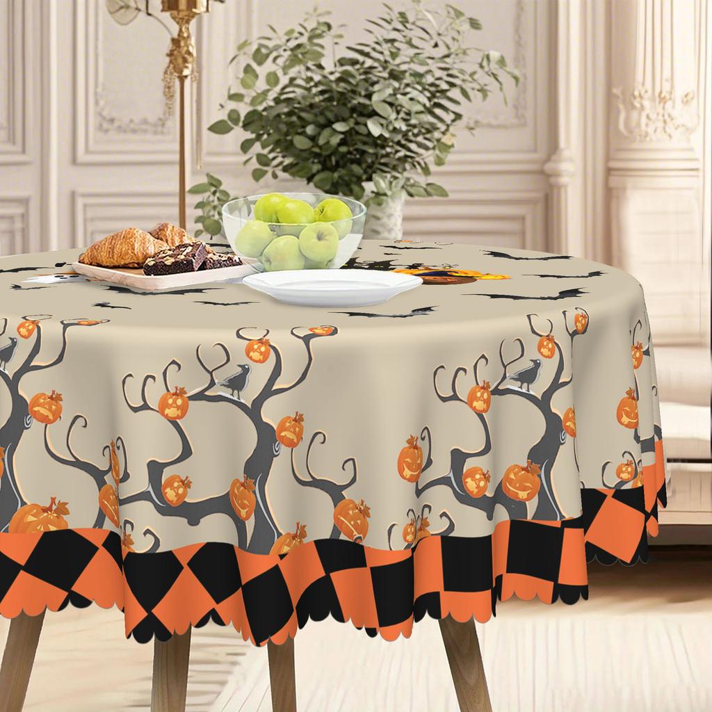 Halloween-Themed Tablecloth, Pumpkin, Bat And Haunted House Motifs, Orange Checkered, Round And Rectangular Tablecloths