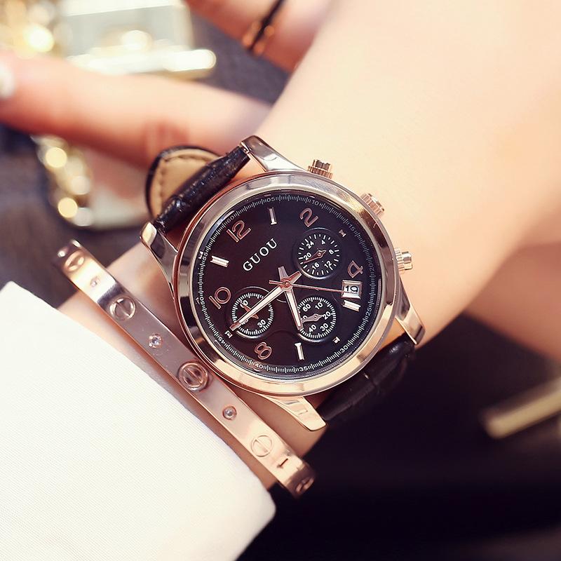 Genuine Leather Watch Casual Retro Fashion Three Eyes with Calendar Large Dial Fashion Women's Watch