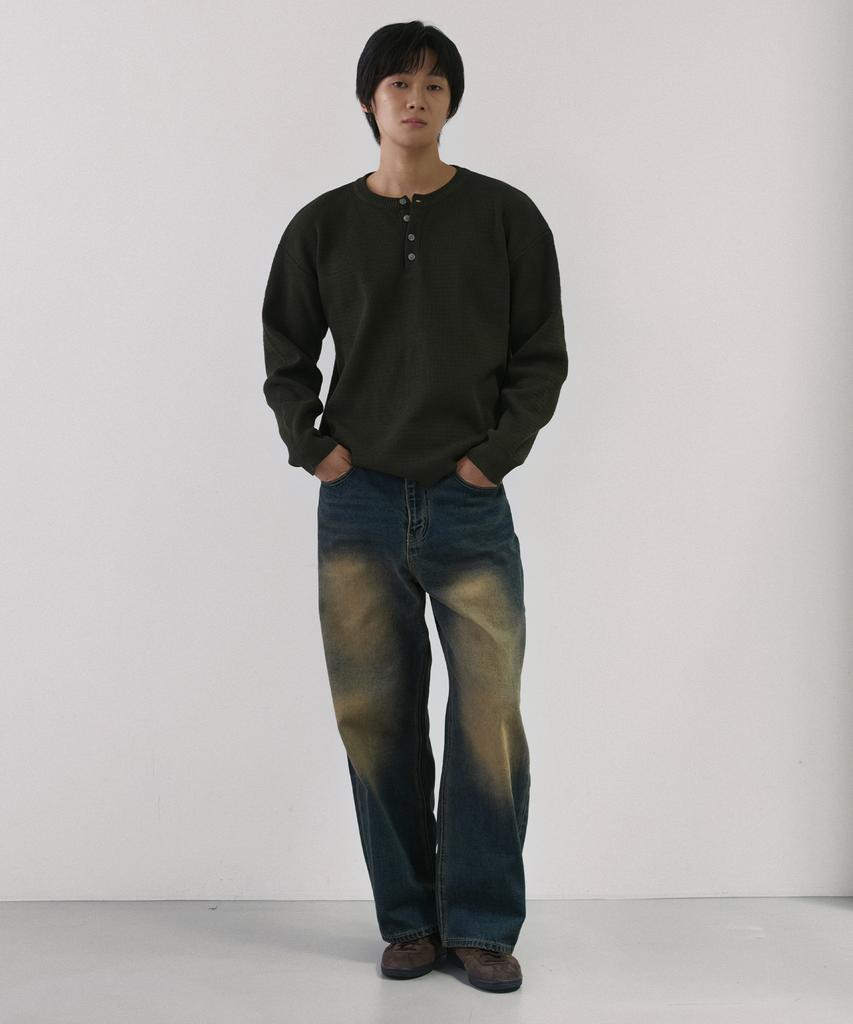 NODU Drain Henley Neck Knit [Khaki]