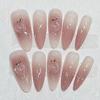 10Pcs Handmade Cat Eye Gradient Long Coffin Stiletto Press On Nails With Glitter Diamond Pearl Flower Bowknot Decorations