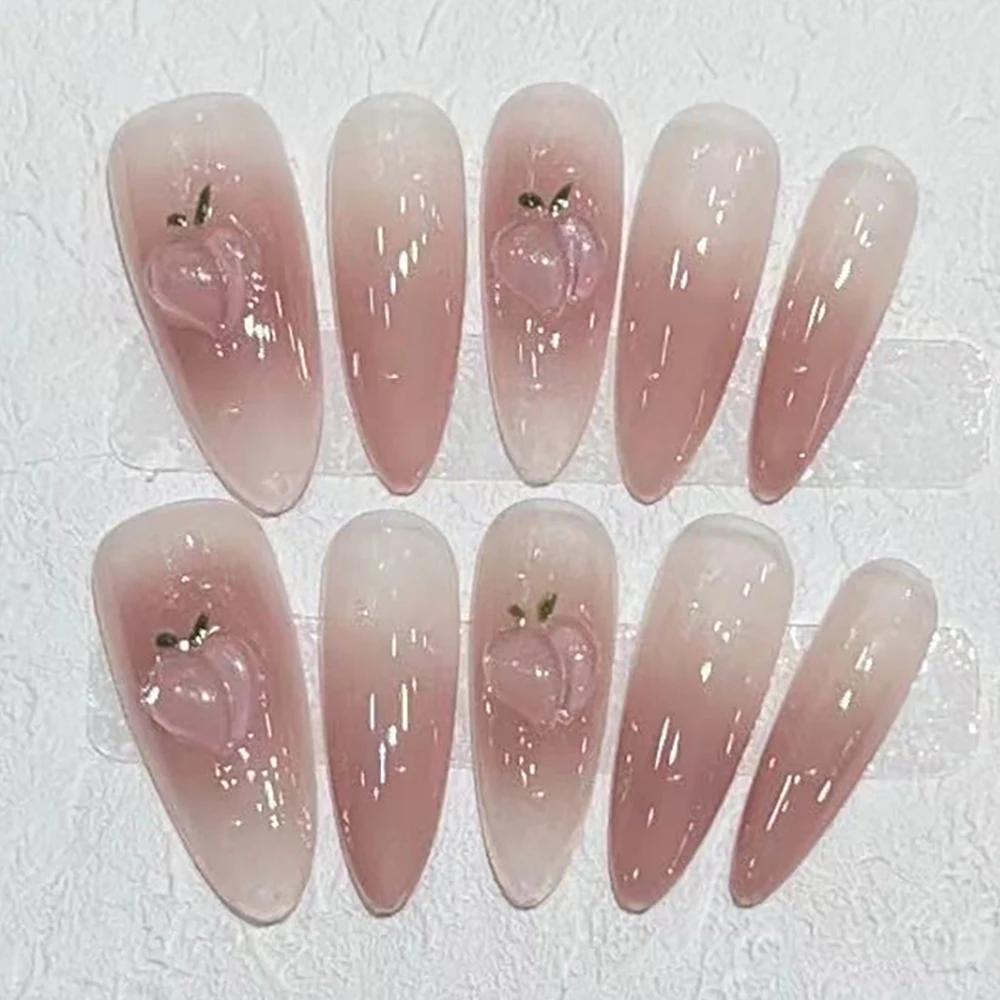 10Pcs Handmade Cat Eye Gradient Long Coffin Stiletto Press On Nails With Glitter Diamond Pearl Flower Bowknot Decorations