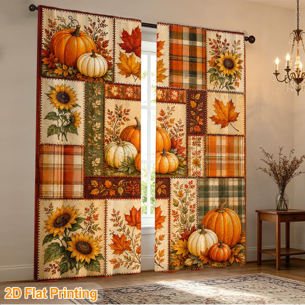 2pcs Rod Pocket Curtain with Autumn Patchwork Pumpkins Leaves Sunflowers Print, Stylish Window Drapes for Home Decor Living Room Bedroom