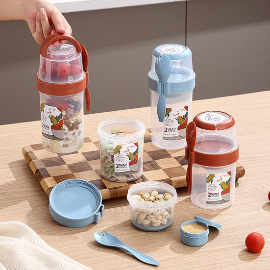 Kelímek na salát s vidličkou Držák na dresink Přenosný kelímek na salát Sada kelímků Bez BPA Dvouvrstvý design Těsnící kroužky Snadné plnění