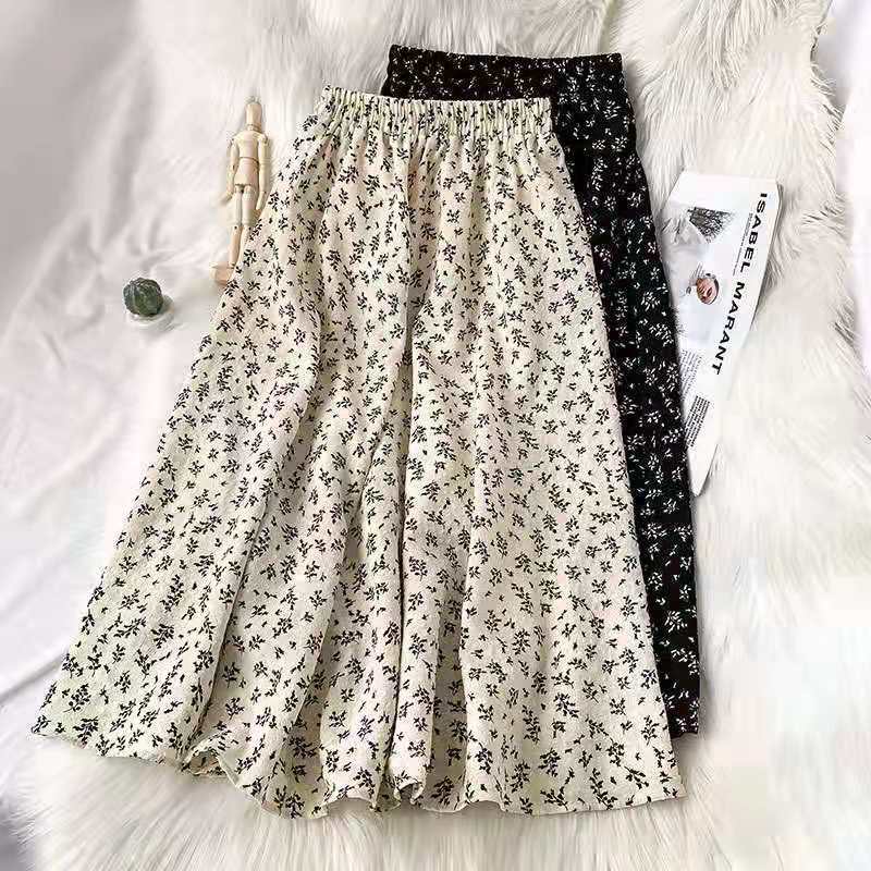 Women's Spring and Summer High-Waisted Vintage Floral A-Line Half Skirt Mid-Length Versatile Slimming Umbrella Skirt Long Skirt