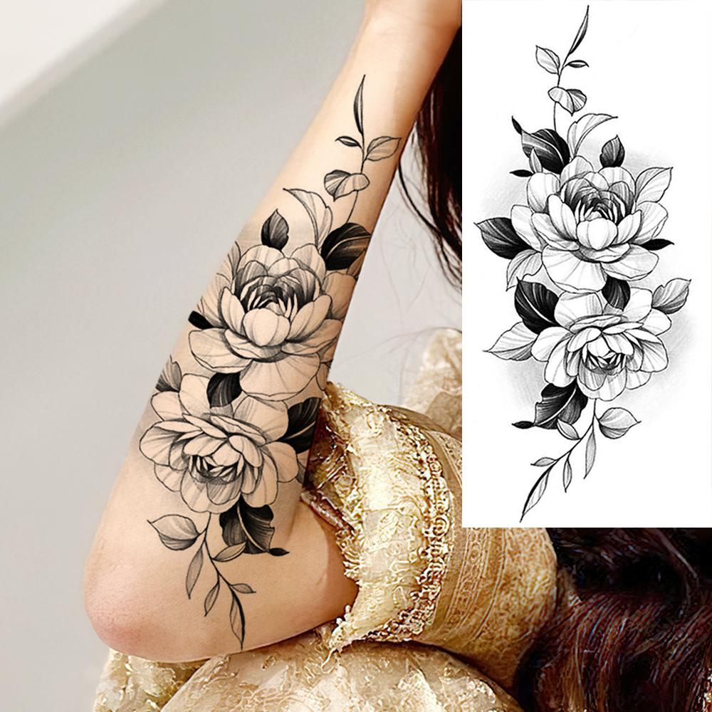 1 Sheet Black Flower Temporary Tattoos For Women Girls Realistic Fake Flora Floral Peony Tattoo Sticker Body Art Painting Decal