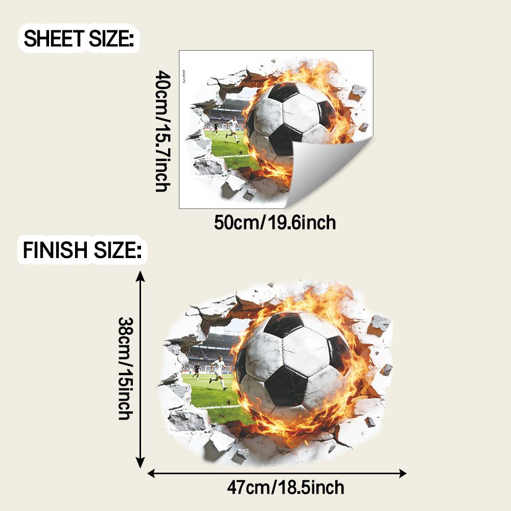 

3D Breaking Through Wall Fire Soccer Ball Wall Sticker Self-Adhesive Removable for Bedroom Living Room Hallway Background Wall Sports Home Decor Art 40x50cm різнокольоровий