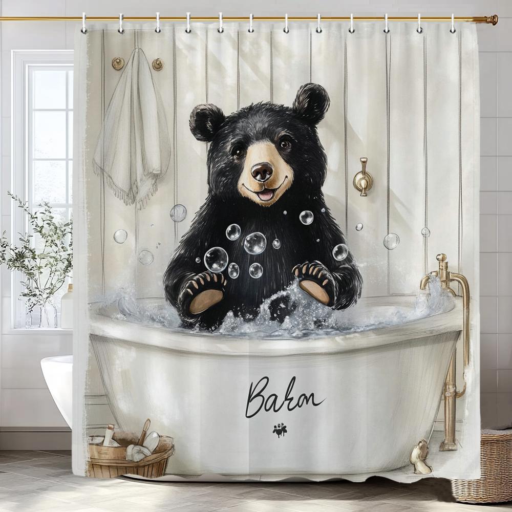 Cute Black Bear Bathing in the Bathtub Shower Curtain, Bathroom Decorative Shower Curtain, Waterproof Shower Curtain with Hooks