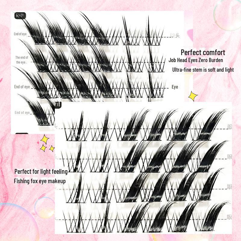 Silk Fox Eye False Eyelashes: Black Stem, Slanted Flying Design, Thick Single Cluster, Self-grafted Style.