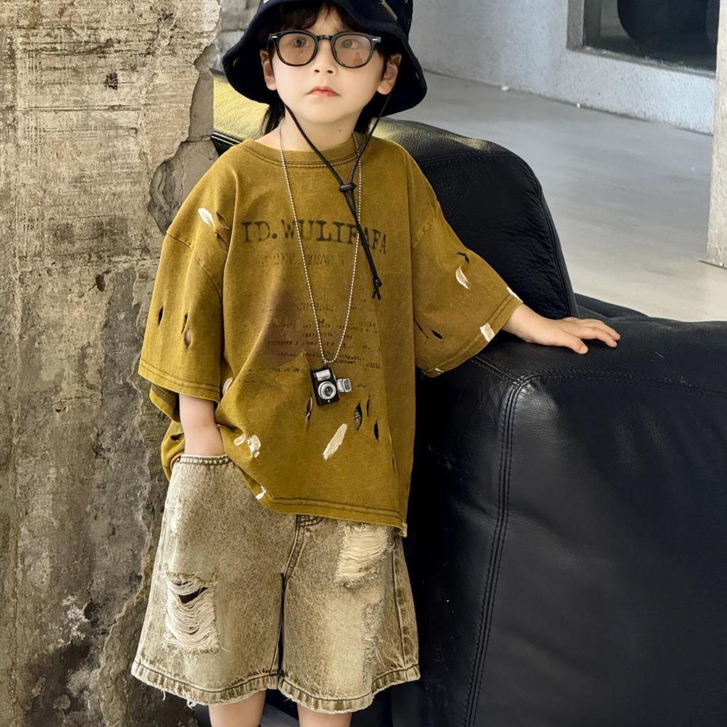Boys' Clothing Set Summer Children's Ripped Denim Shorts Tie Dye Short Sleeved T-shirt 2-piece Set