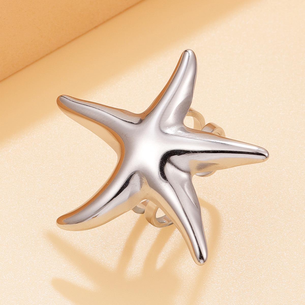 Bohemian Style Ocean-Inspired Starfish 18K Gold-Plated Open Stainless Steel Ring for Women