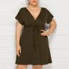Women's Casual High Waist Belly Concealing V-Neck Drawstring Plus Size Dress