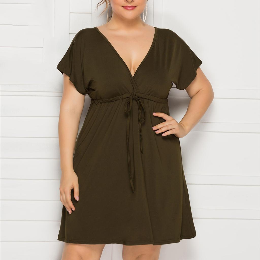 Women's Casual High Waist Belly Concealing V-Neck Drawstring Plus Size Dress