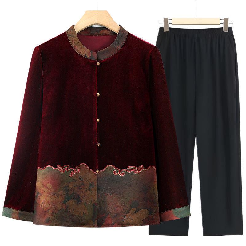 Women's Gold Velvet Long-Sleeve Shirt - Thick, Loose Fit for Middle-Aged & Elderly, Ideal for Spring & Autumn