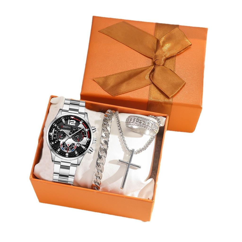 Fashion Business Men'S Watch Calendar Watch Men'S Steel Strap Watch Business Bracelet Set