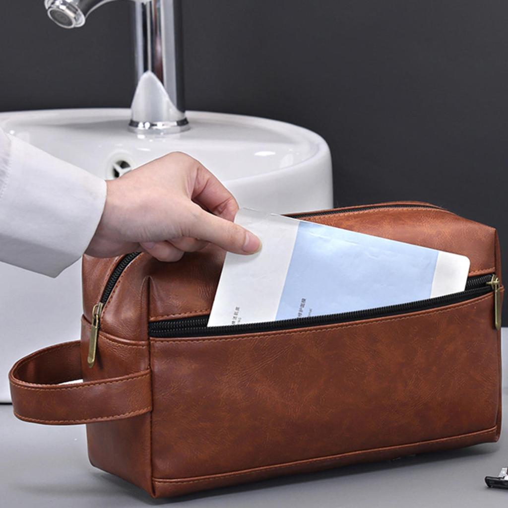 Men Leather Travel Business Shaving Cosmetic Pouch Strorage Bag Portable Toiletry Bag Large Capacity Organizer Handheld Toiletry Kits