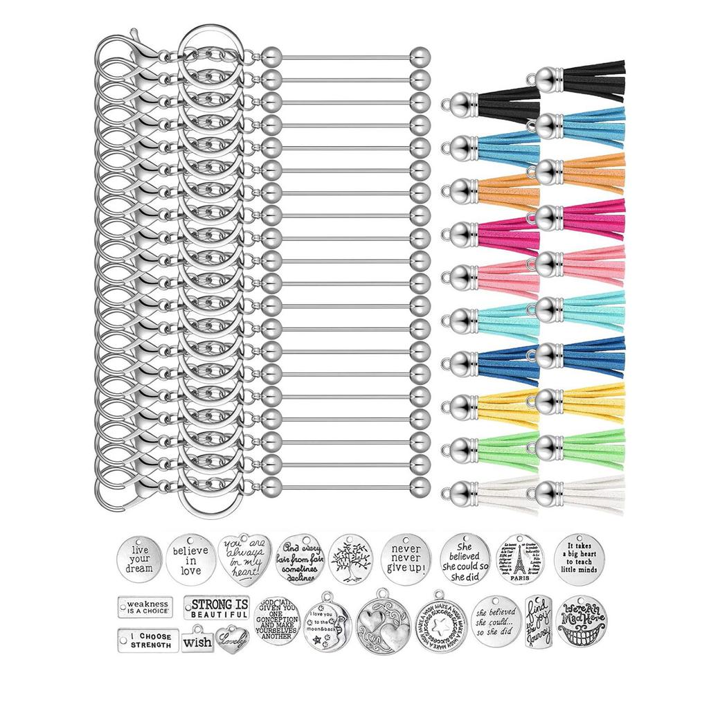 Set of 60 Customizable Keychain Set Motivational Keyring Accessories with Silver Blank Beads and Leather Tassels