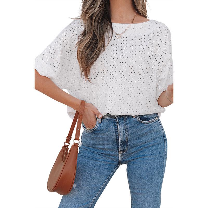 

2025 Spring/Summer Women s Solid Color Mesh Five-Sleeve Loose Casual T-shirt. Large