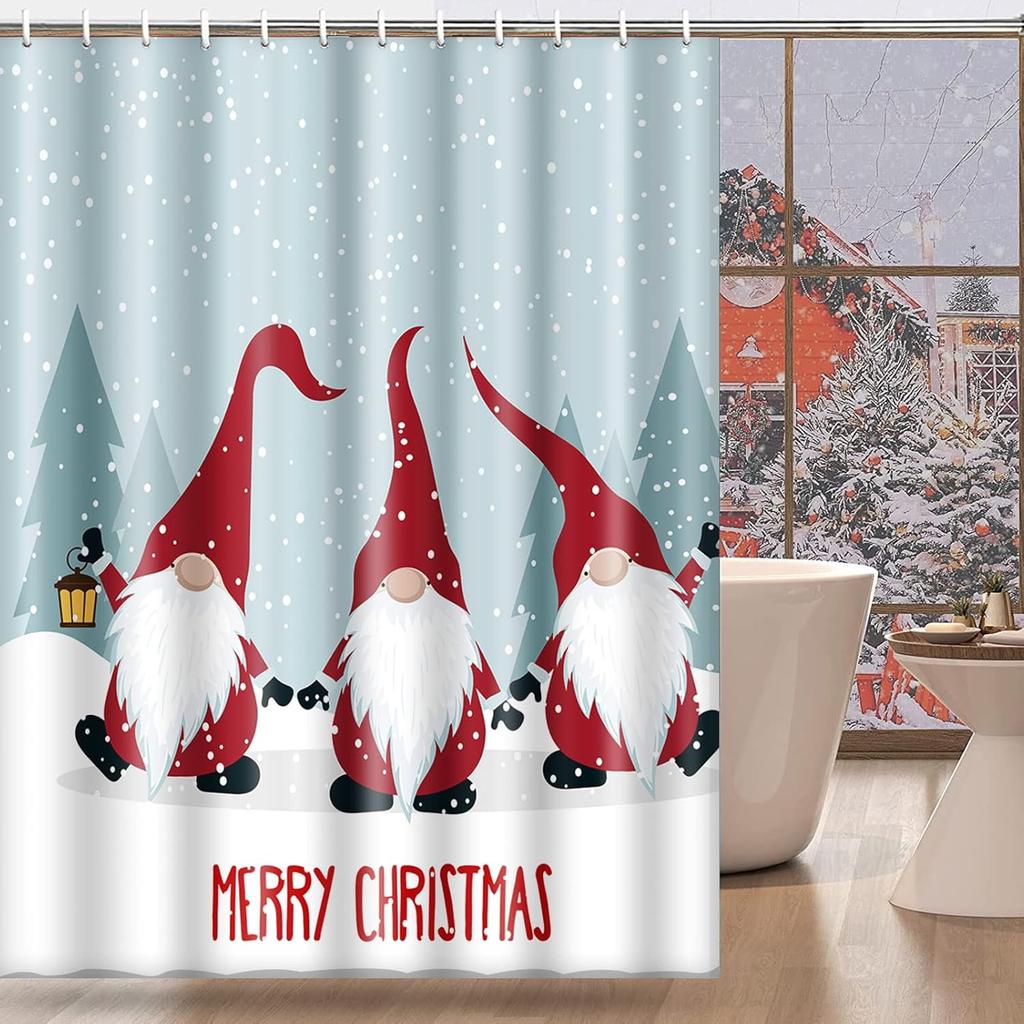 Three Christmas Dwarf Elves in Snow Shower Curtain, Waterproof Fabric Bathroom Shower Curtain Set with 12 Hooks 72"X72"