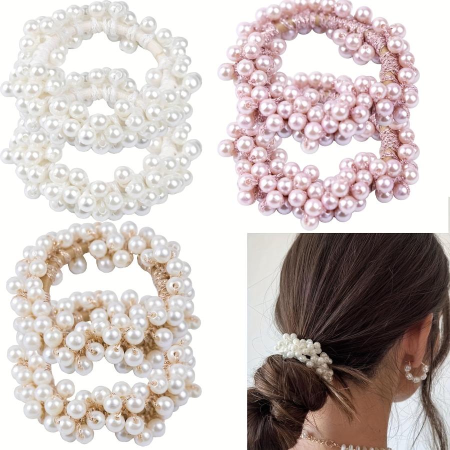 6pcs Hair Ties for Women, Suitable for 6 People – Elastic Hair Bands with Beaded Cord and Faux, White/Suitable for Thick Ponytails, Braids, and Buns