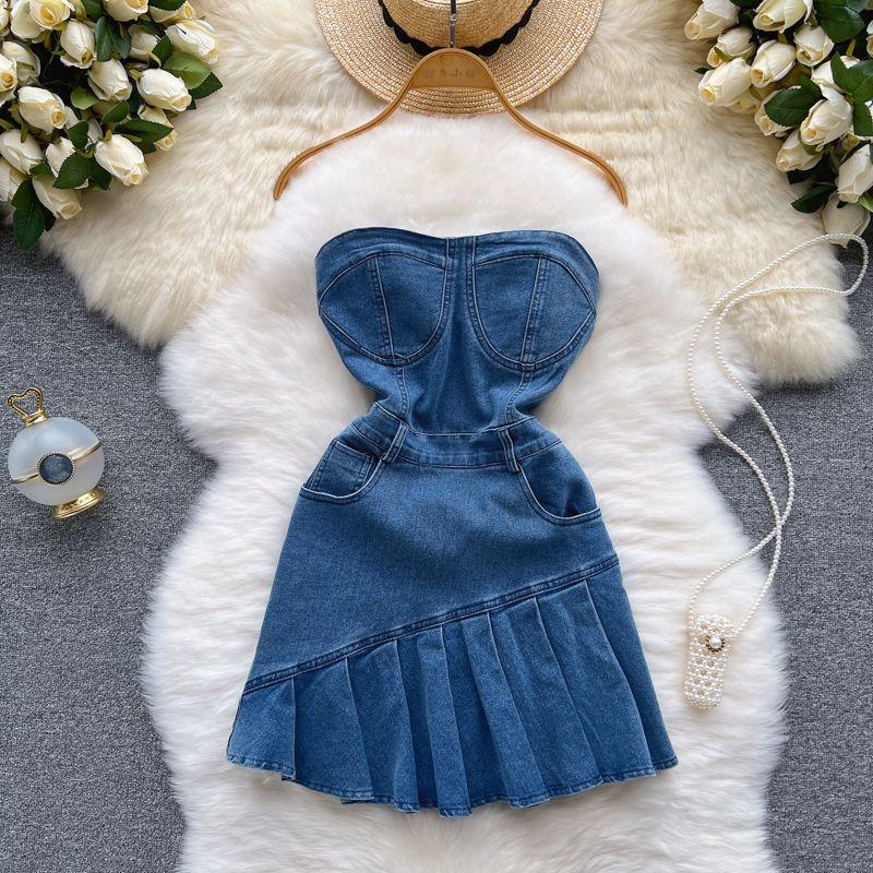 

Dress Inner Wear Outer Wear Summer Silm Denim Tube Top Blue L