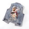 Vest Slim Short Jacket Embroidery Sleeveless Jeans Gilet Women Casual Waistcoat Cardigan Beading  Denim
