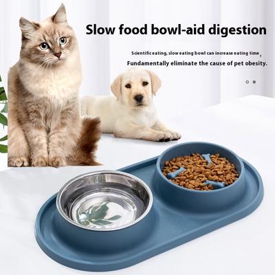 Anti-Choking Anti-knocking Slow Eating Plastic Double Bowls for Small Medium-sized Dogs Cats