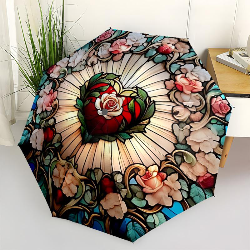 

1pc Stained Glass Heart Automatic Umbrella Portable Home Essential Umbrella, Iron Umbrella Structure Suitable for All Seasons yy251123149