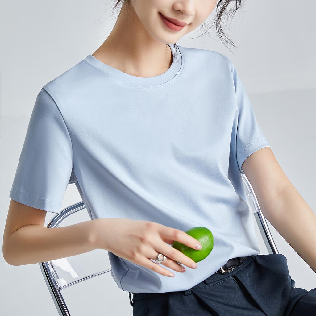 High-quality mercerized cotton women's short-sleeved new loose inner and outer wear round neck liquid ammonia bottoming shirt