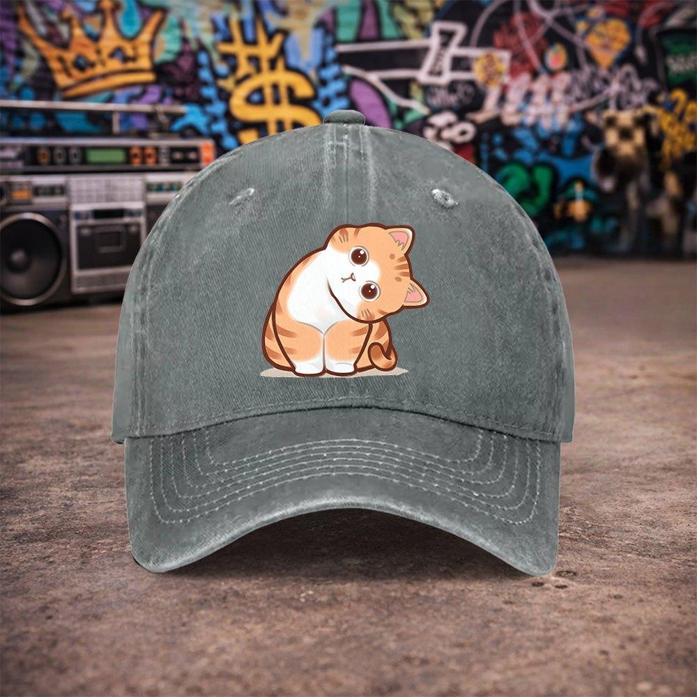 Pc Pcs Unisex Vintage Washed Baseball Cap with Orange Cat Print Duckbill Hook Loop Closure Suitable for Parties Daily Wea