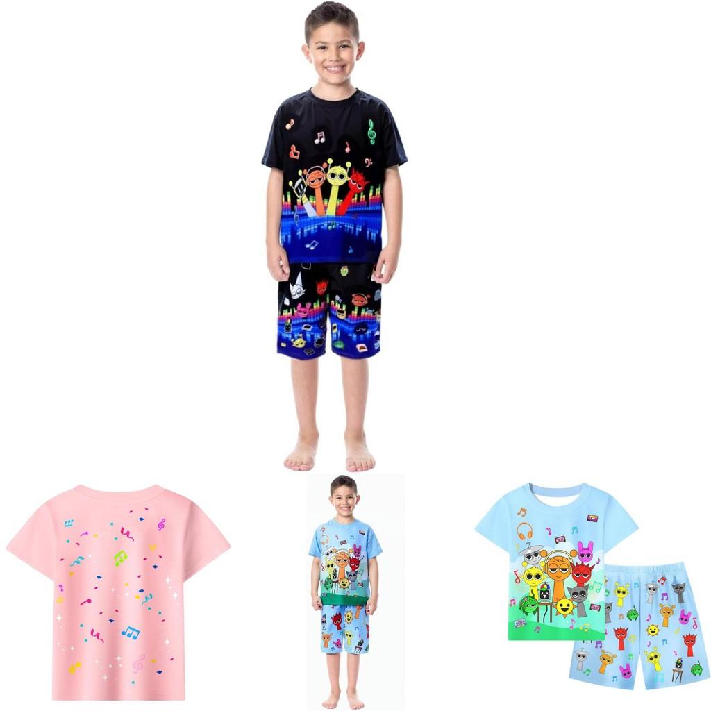 Conjunto de Pijama de Verano con Estampado Sprunki para Niños y Niñas de Algodón Casual Dibujos Animados Traje de Dos Piezas para Estar en Casa para Niños