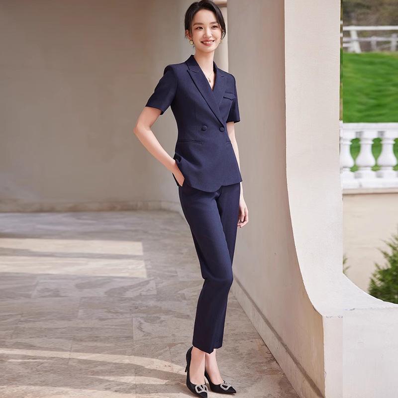 Navy Blue Summer 2024 Women's Short-Sleeve Casual Suit Set - Two-Piece for Teachers