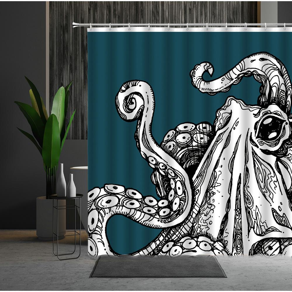 Funny Sea Monster Octopus Shower Curtain Marine Organism Tentacle Black And White Style Bath Curtains Bathroom Decor Fabric Hook