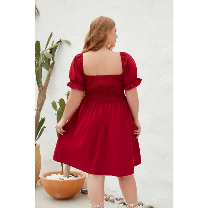 Plus Size Women's Plus Size Solid Color Casual Vacation Travel Square Neck Bubble Sleeve Dresses