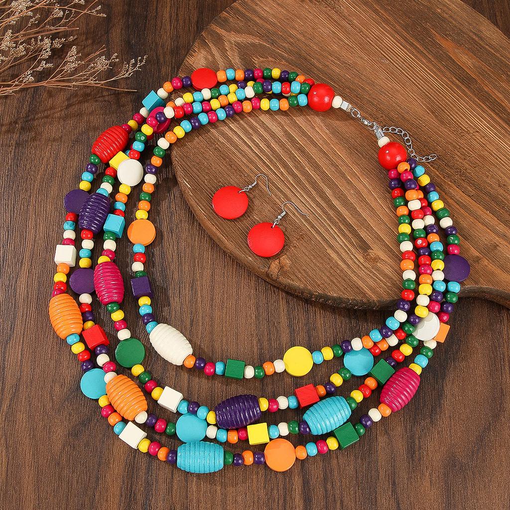 Bohemian Colored Geometric Multi-layer Wooden Beads Handmade Necklace Earrings Women Accessories